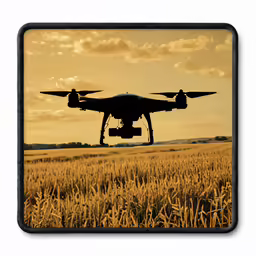 a photo of a dark quad quad wing airplane over a wheatfield at sunset