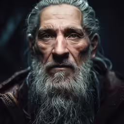 a man with white hair, beard and long white hair wearing a jacket
