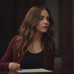 a young woman is seated at a table with her hand on her head and looking ahead