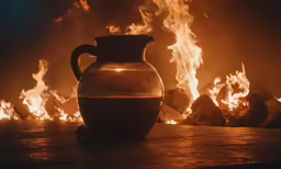 the glass pitcher is placed in front of some flames