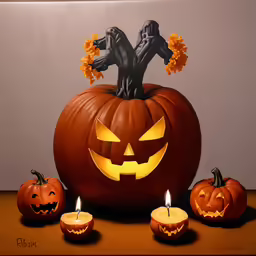 a picture of some pumpkins and two candles