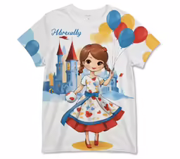 an illustration of the girl with balloons and a castle is shown on a white shirt