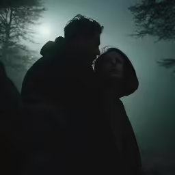 two people stand in the fog next to a forest