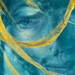 the face of the underwater person with a lot of yellow streamers around it