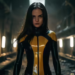 an attractive young woman in a black and yellow suit stands on railroad tracks