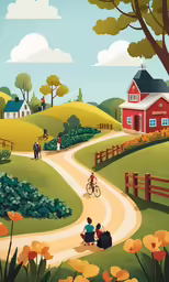 a painting of people on a dirt path near some flowers
