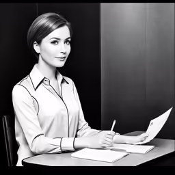 a woman sitting at a table with a pen and paper in her hand