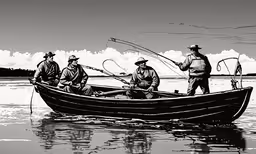 five men sitting in a boat with fish fishing,a couple of men are fishing in the boat