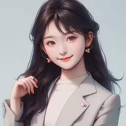 a woman with long hair is wearing a suit and gold earrings,a cartoon image of a asian girl wearing a jacket and necklace