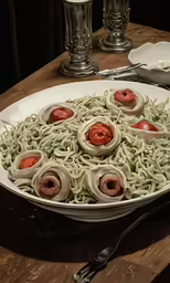 a dish of noodles has some crab cakes on top
