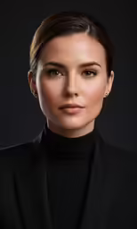 a woman wearing a black suit and earrings