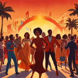 a large group of people walking through a street at sunset,people standing in a dance circle on an orange background