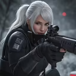 an animated character with long hair holding a gun