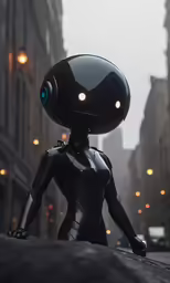 a black robot walks down the street in a city