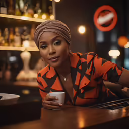 woman wearing a headscarf and holding a coffee cup in her hand, resting on a bar with another counter in the background