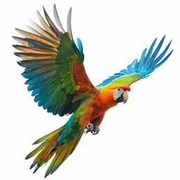 the multi - colored bird is flying high in the sky