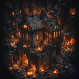 a bird - eye view of a house with a bunch of lights inside