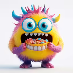 a toy yellow monster with purple hair holding a bowl filled with cereal