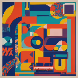an abstract poster with squares, circles and squares in different colors,a colorful illustration with a red truck and multiple colors