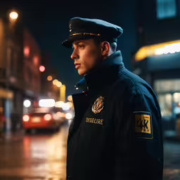 a policeman in uniform is standing on the sidewalk,a police officer standing in front of some cars at night
