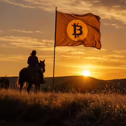 a man rides a horse holding the bit bit sign on a flag