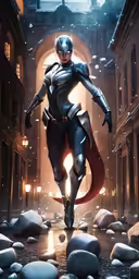 an art image of a woman in costume walking through a city