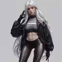 the rendering model is wearing black and silver leather clothing