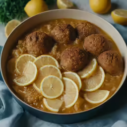 a bowl of stew with meatballs and lemons on the side