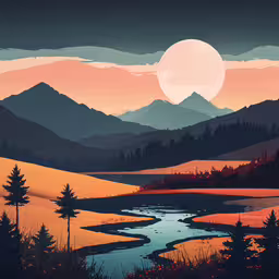 painting of a landscape with a mountain view,a digital painting of the sun setting over mountains