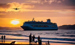 passengers are watching a plane fly over the ocean,a plane flying over a beach in front of a large cruise ship