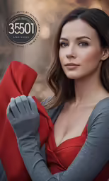 a woman is wearing a red and gray outfit