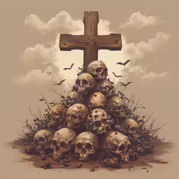 a wooden cross sitting on top of a pile of skulls