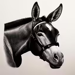 black and white image of a horse wearing a bridle