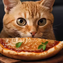 a cat looks over a pizza on the table