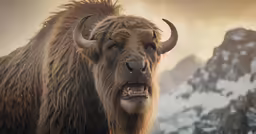 a shaggy haired horned mammoth standing in the snow