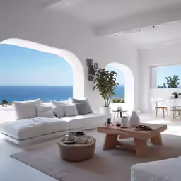an all white living room is adorned with natural decor