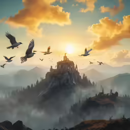 many birds flying above the hills in the mist