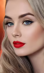 blonde haired girl with red lips