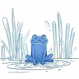 a frog sits in the water, smiling for the camera