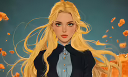 blonde haired woman with long, wavy hair with eyes open