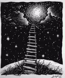 an art work depicting a stairway leading up into the sky,a black and white drawing of a stairway up to a sky