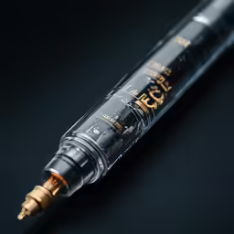 a black pen with a gold and silver tip