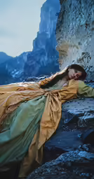 a woman in a gold and green dress with a waterfall behind her
