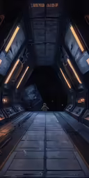 a futuristic space station with lights and tracks