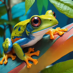 a small frog with huge red - eye sits on a plant