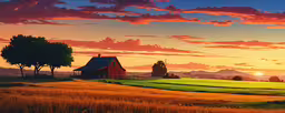 the sunset over a green farm in an empty field,a barn is in the distance with hills and trees