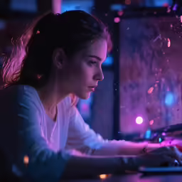 girl with long brown hair using computer on night