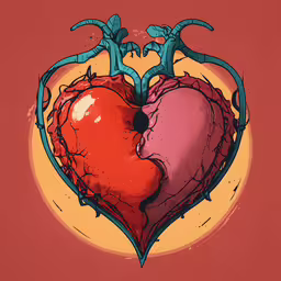 two hearts are connected to a piece of artwork,the two hearts have broken apart, and the words fight with them