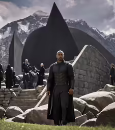 a man with dark skin and an overcoat and cape stands in front of a building