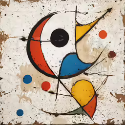 a painting with blue, red, yellow and black circles